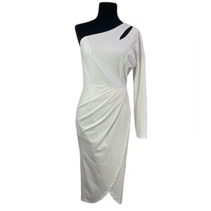 Semi formal dance wedding reception one sleeve shoulder keyhole wrap ivory dress
